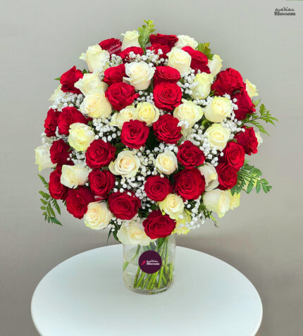 60 Stems of White and Red Roses Mix for Anniversaries & Romantic Gifting
