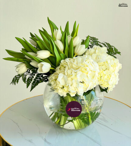 Tulips & Hydrangeas in a Fish Bowl for Weddings & Elegant DÃƒÂ©cor