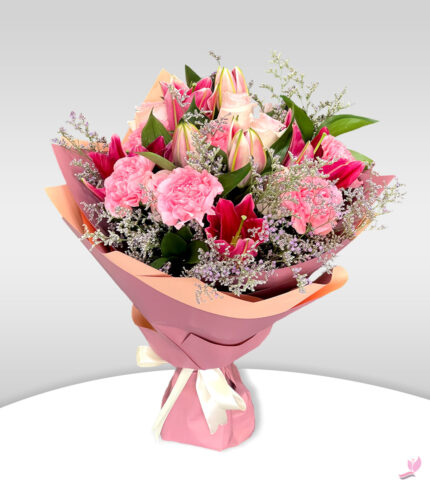Pink Roses, Carnations & Lilies Bouquet for Birthdays, Anniversaries & Baby Showers