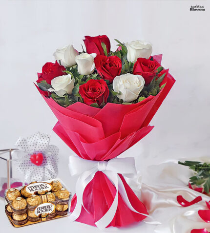 Roses & Ferrero Rocher Combo - 10 White & Red Roses Bouquet with 16 Chocolates for Romantic Gifting