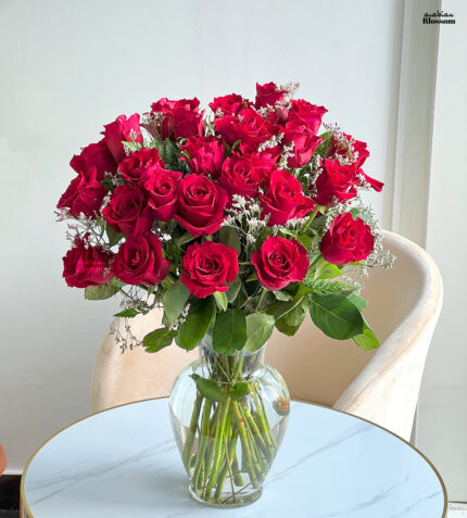 20 Red Roses in Vase with Fillers for Elegant Gifting & Home DÃƒÂ©cor