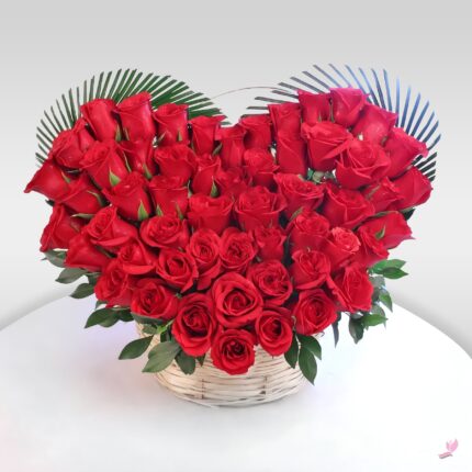 50 Red Roses in Basket Arranged in Heart Shape for Romantic Gifting