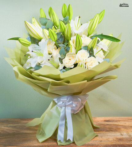 White Bloom Bouquet - White Lilies & Roses for Weddings, Sympathy & Elegant Gifting