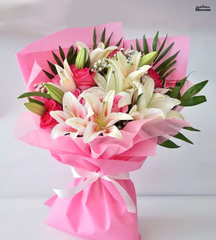 Welcome Baby Girl Bouquet - White Lilies & Pink Roses with Fillers