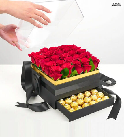 25 Red Roses & 16pcs Ferrero Rocher Chocolate in Black Box for Romantic Gifting