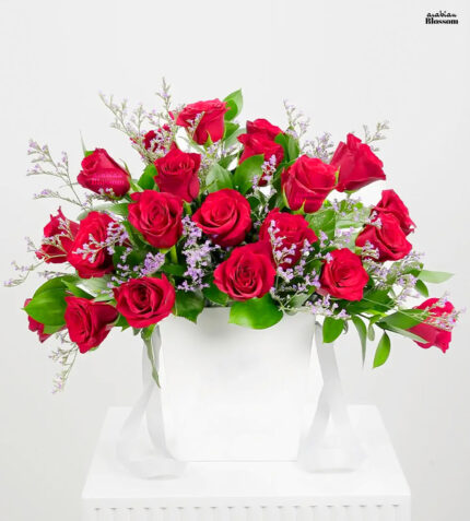 20 Red Roses in White Box with Limonium Fillers for Romantic Occasions
