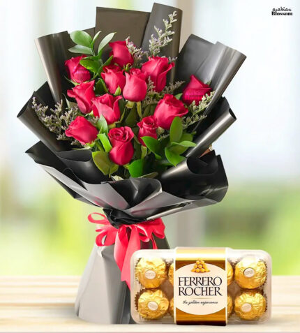 Bouquet Of Red Roses & Chocolate Box