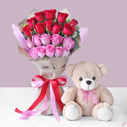 Red & Pink Roses with Teddy Bear Combo in Jute & Paper Wrapping for Romantic Gifting