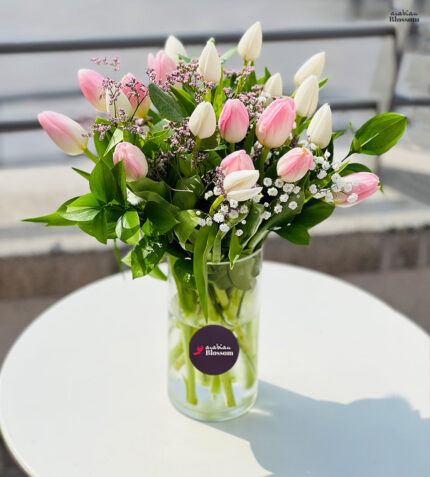 Pink & White Tulips in Glass Vase for Weddings, Baby Showers & Newborn Celebrations
