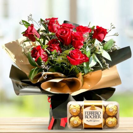 Red Love Combo - 10 Red Roses with Fillers & 16pcs Ferrero Rocher Chocolate