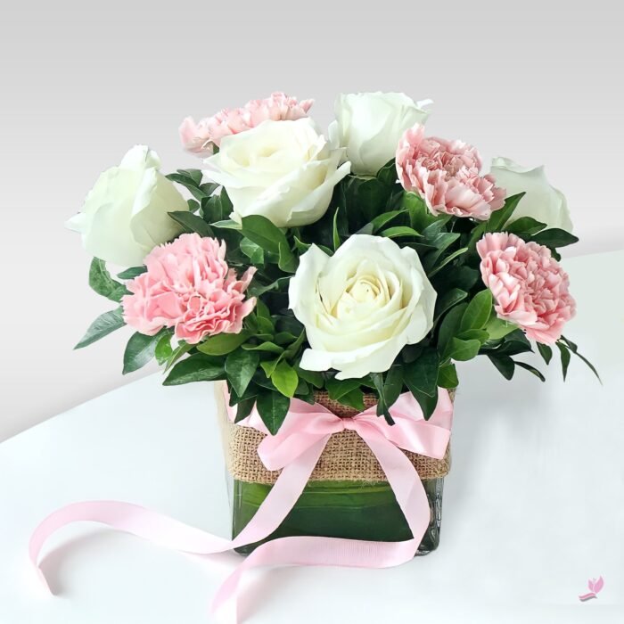 White Roses & Pink Carnation In a Cube Vase
