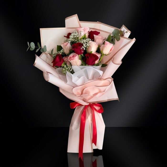 10 Pink and 5 Red Roses Bouquet, luxury same day flower delivery in Dubai