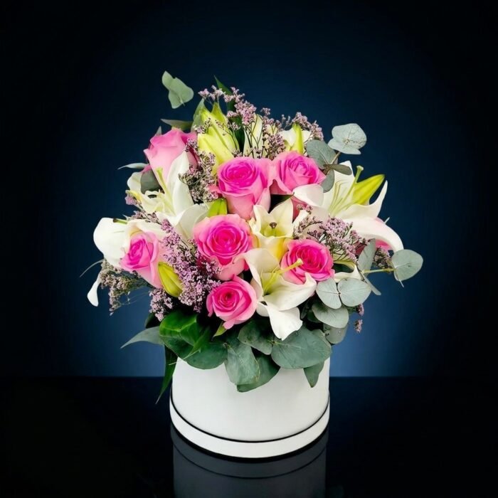 10 Pink Roses & 4 White Lilies In White Box, luxury same day flower delivery in Dubai