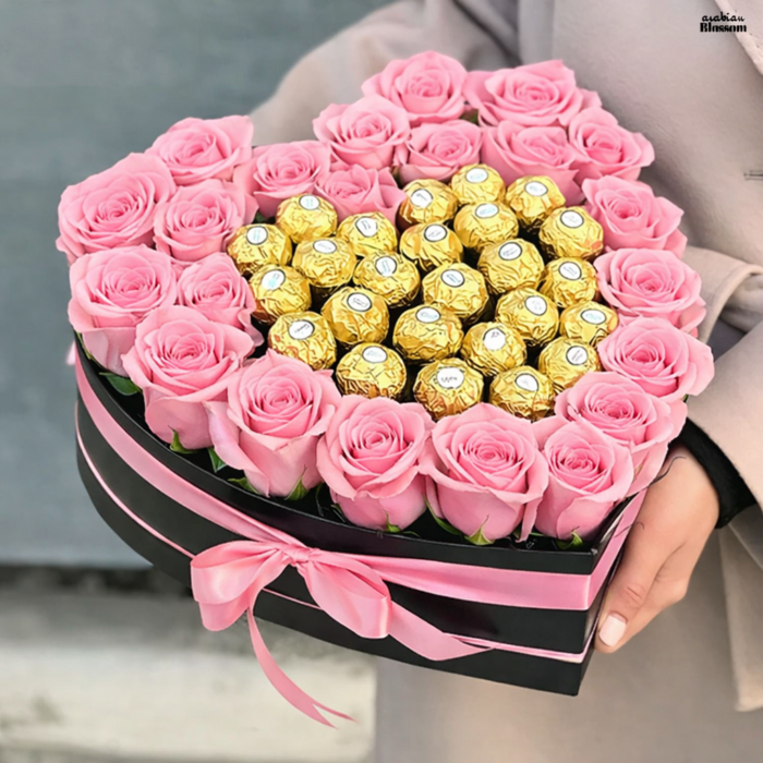 Roses and Ferrero Rocher Combo in a heart shape Box