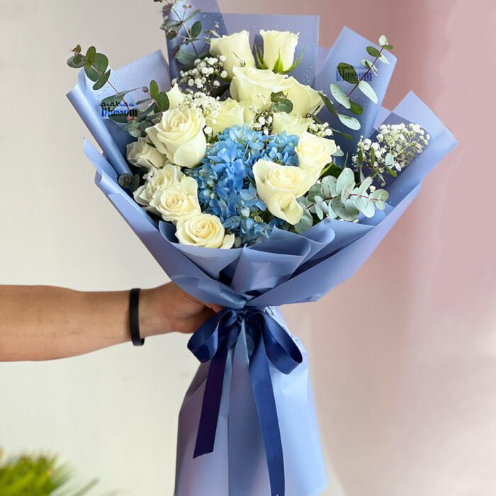 White Rose and Blue Hydrangea Bouquet