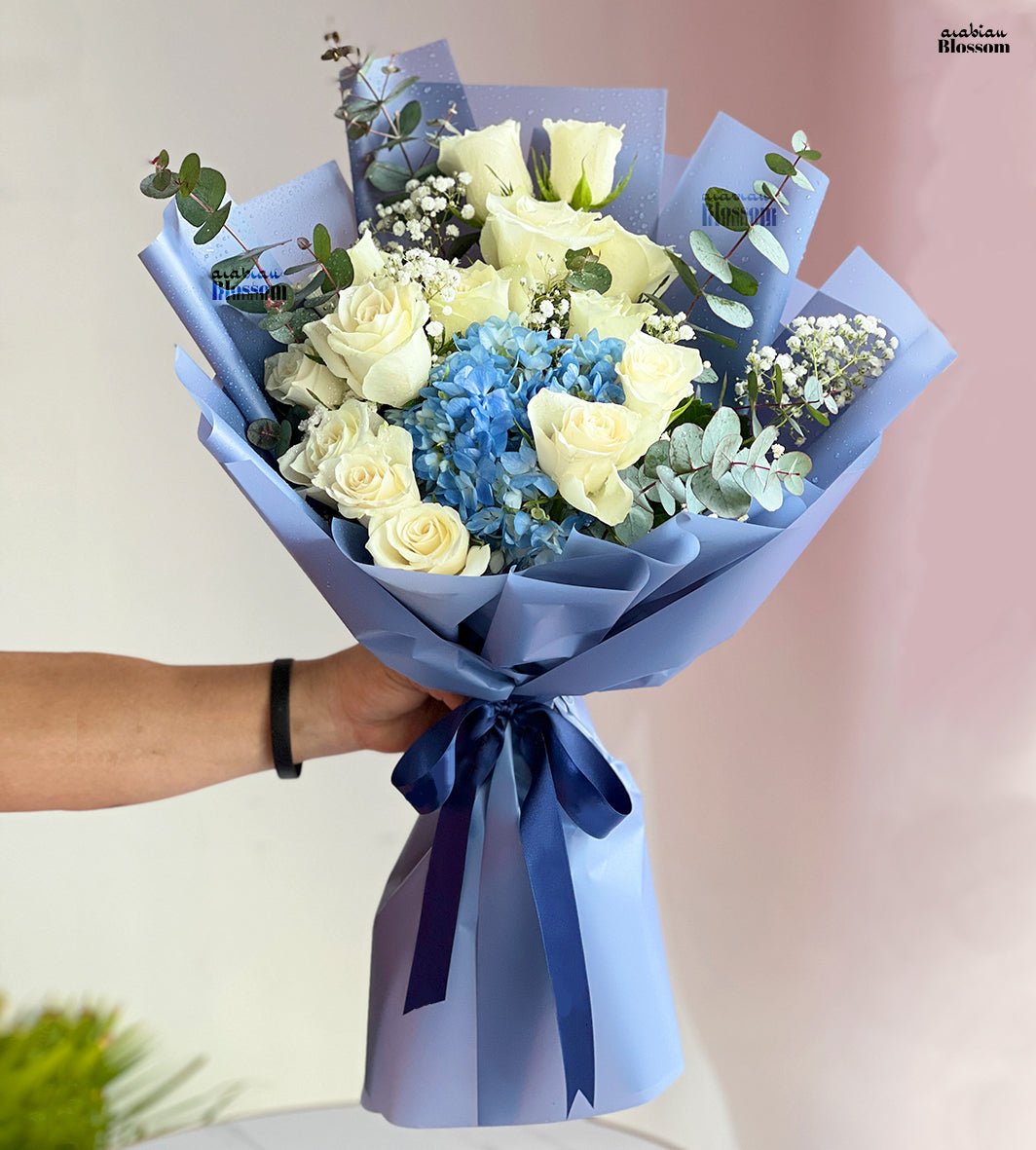 White Rose and Blue Hydrangea Bouquet