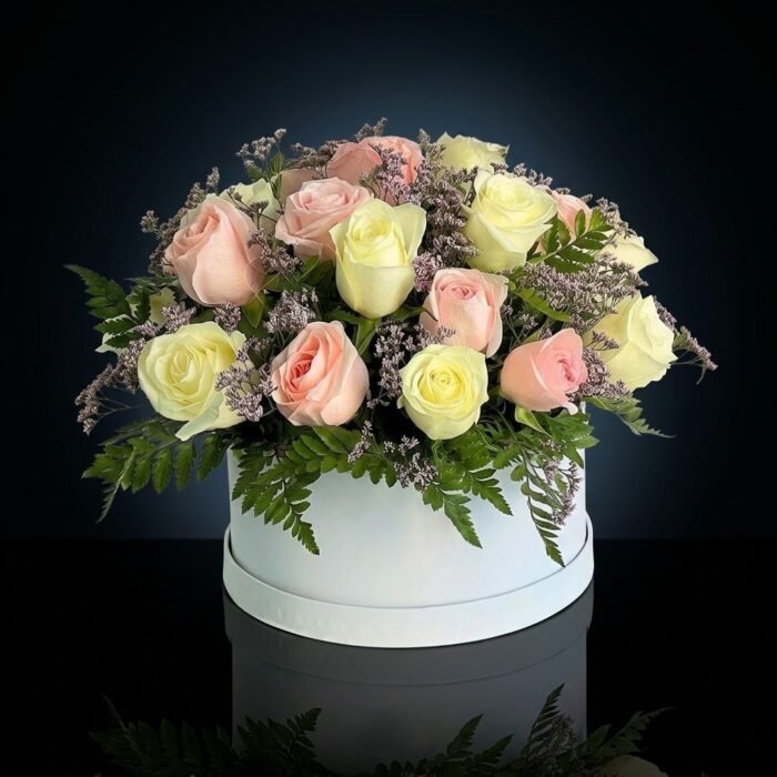 20 Pink & White Roses In a Box, luxury same day flower delivery in Dubai