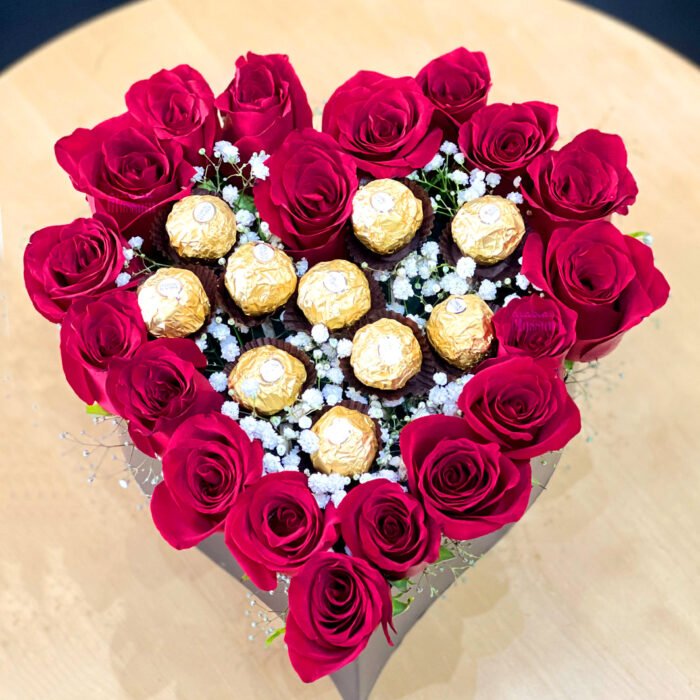 Red Roses & Ferrero Rocher In a Heart Shape Box