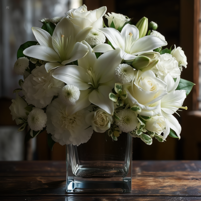 Serene White Blooms Arrangement, Fresh Lilies, Roses, Carnations & Chrysanthemums for Anniversaries and Sympathy