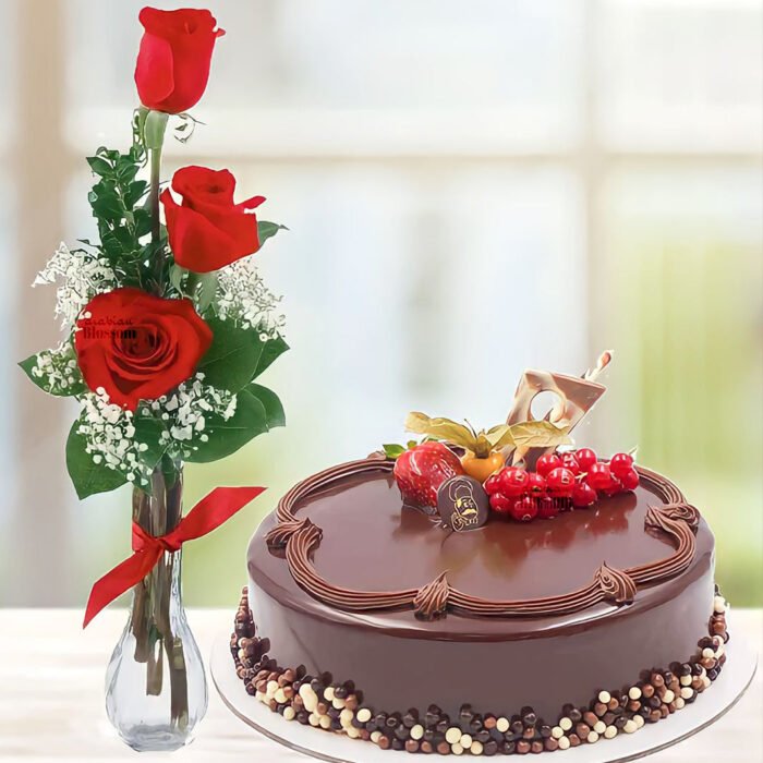 3 Red roses with 1Kg Chocolate cake Combo