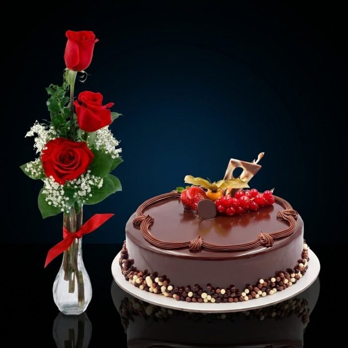 3 Red Roses with 1 Kg Chocolate Cake, luxury same day gift delivery in Dubai