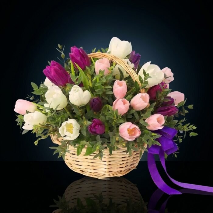 30 Mixed Tulips Basket, luxury same day gift delivery in Dubai