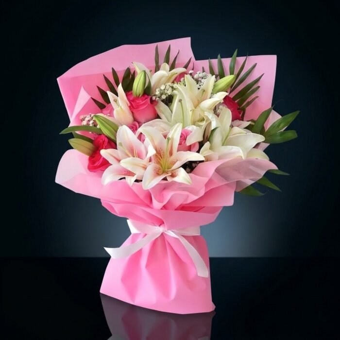 4 White Lilies and 10 Pink Roses Bouquet, luxury same day gift delivery in Dubai