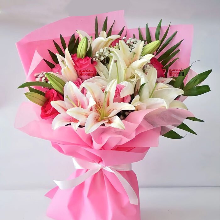 4 White Lilies and 10 Pink Roses Bouquet