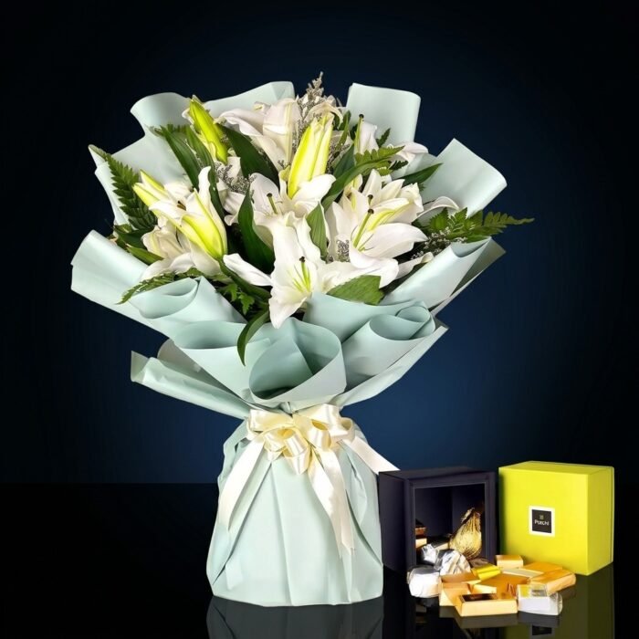 5 White Lilies with 250gm Patchi Chocolate, luxury same day gift delivery in Dubai
