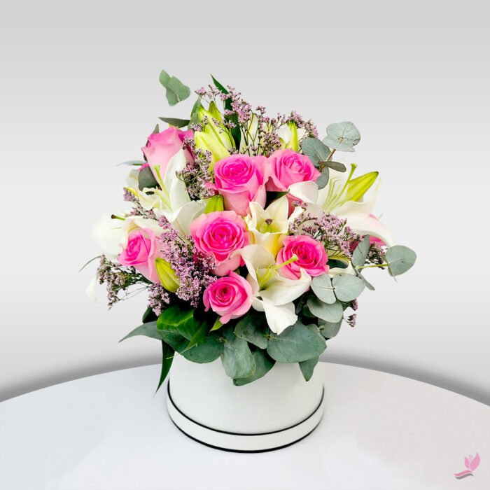 10 Pink Roses & 4 White Lilies In White Box
