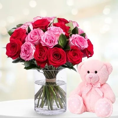 Pink & Red Roses with Teddy In a Glass Vase