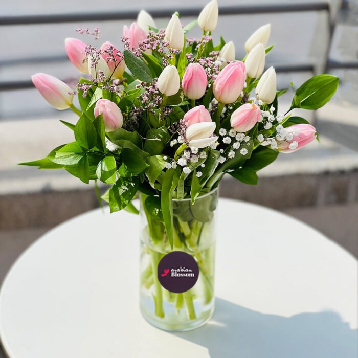 Pink & White Tulips mix in a Glass vase