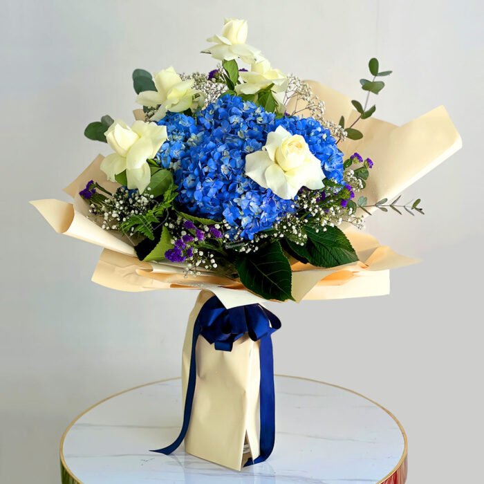 White Roses & Blue Hydrangeas Mix Bouquet