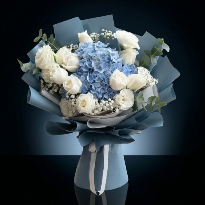 Blue Hydrangea & White Roses, luxury same day gift delivery in Dubai