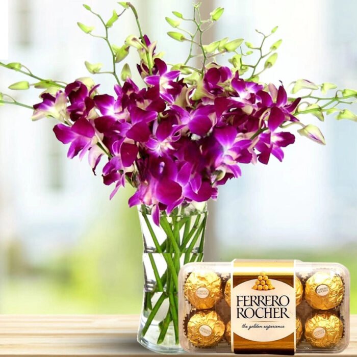 Purple orchid with Ferrero Rocher chocolate
