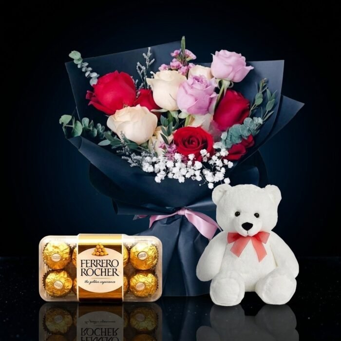 Combo Roses Teddy & Chocolate, luxury same day gift delivery in Dubai