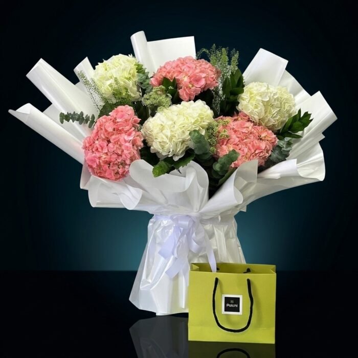 Hydrangeas with Patchi 250gm Mix, luxury same day gift delivery in Dubai