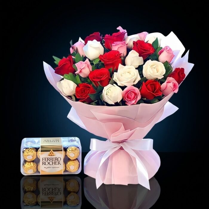Mixed Roses with 16 Ferrero Rocher, luxury same day gift delivery in Dubai