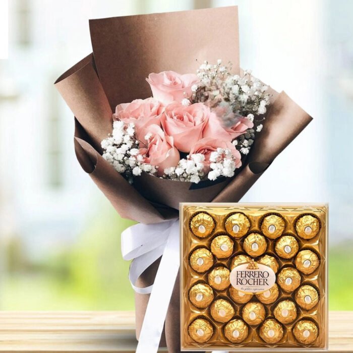 Peach Roses & Ferrero Rocher 24 Pcs