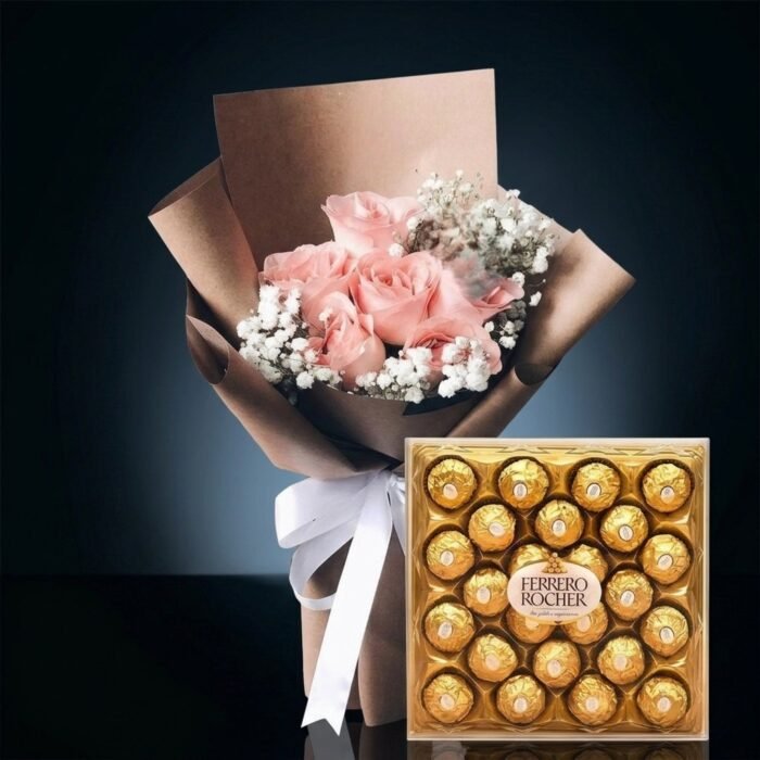 Peach Roses with 24 Ferrero Rocher, luxury same day gift delivery in Dubai