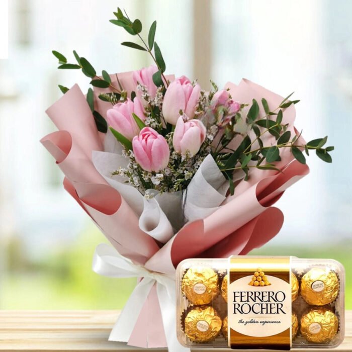 Pink tulips with ferrero rocher combo