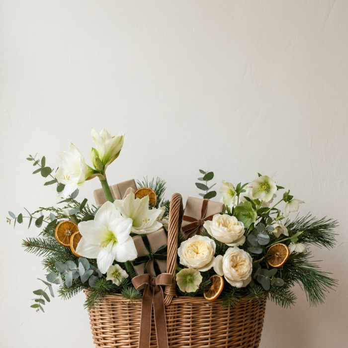 Christmas Basket with Red Roses and Pine Cones, gift delivery in Dubai