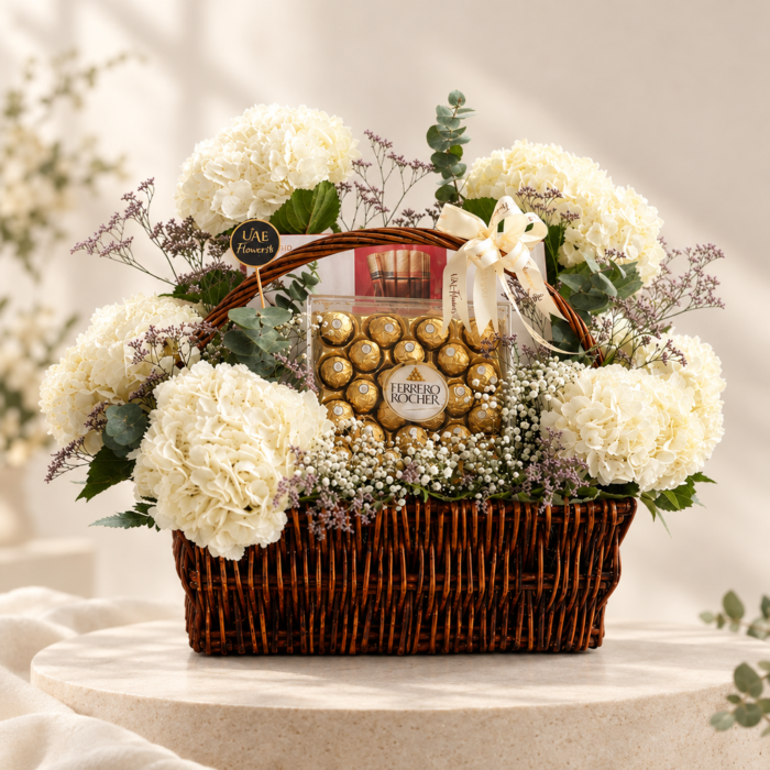 White Hydrangea and Ferrero Rocher Gift Basket, gift delivery in Dubai